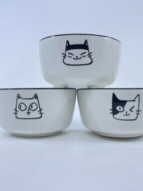 vintage ceramic rice bowls with cat face designs & "europe" text set of 3